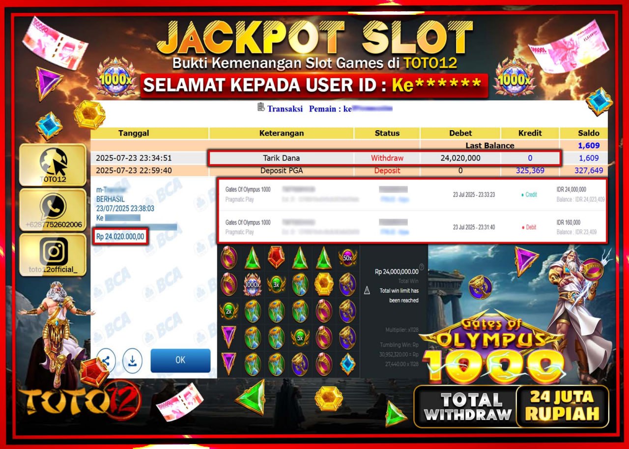 HANYA DI TOTO12 JP PASTI DI BAYAR LUNAS DAN CEPAT!!!!!! JACKPOT SLOT GAME (GATES OF OLYMPUS 1000) Rp.24.000.000 !!!!