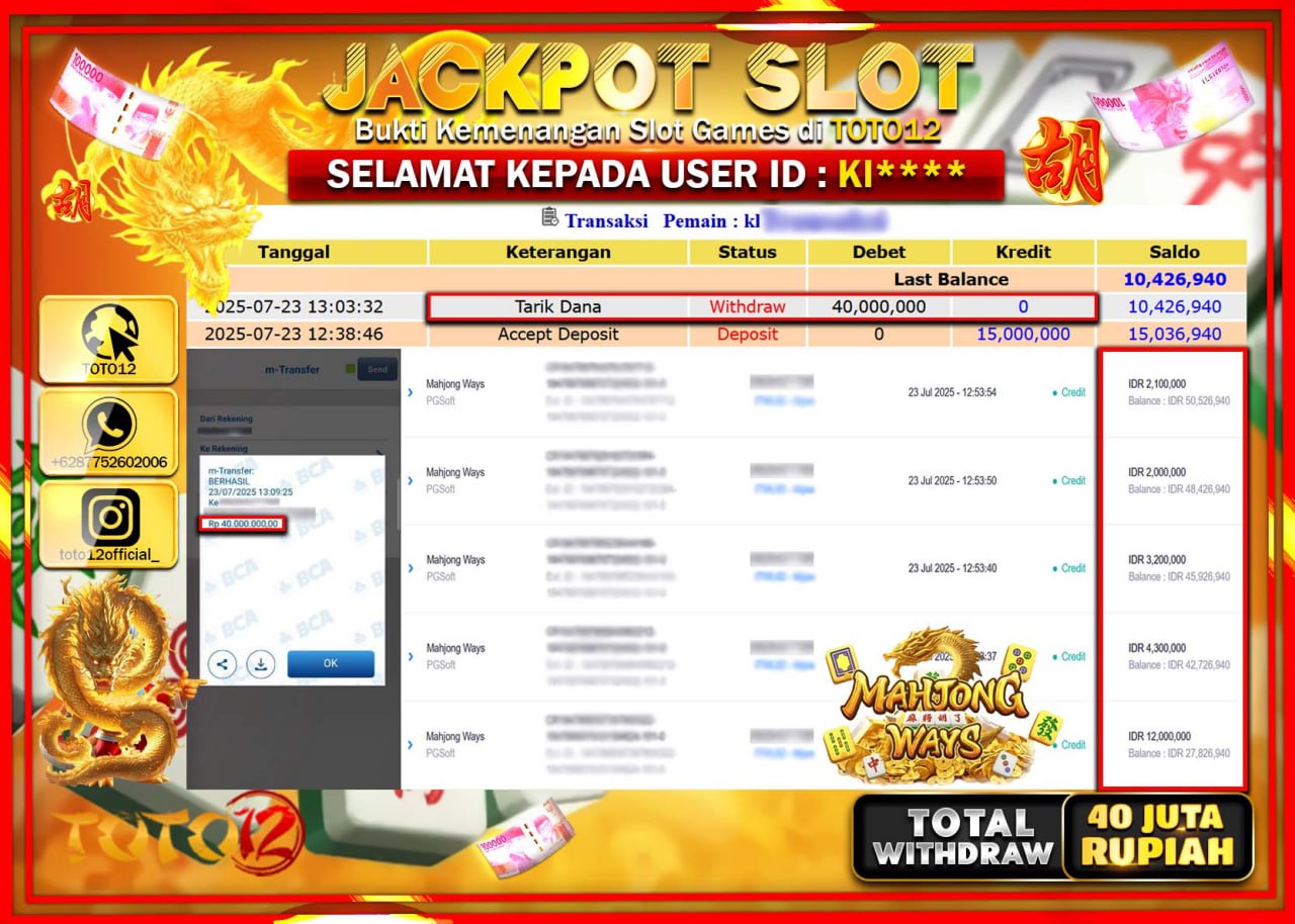 HANYA DI TOTO12 JP PASTI DI BAYAR LUNAS DAN CEPAT!!!!!! JACKPOT SLOT GAME (MAHJONG WAYS) Rp.40.000.000 !!!!