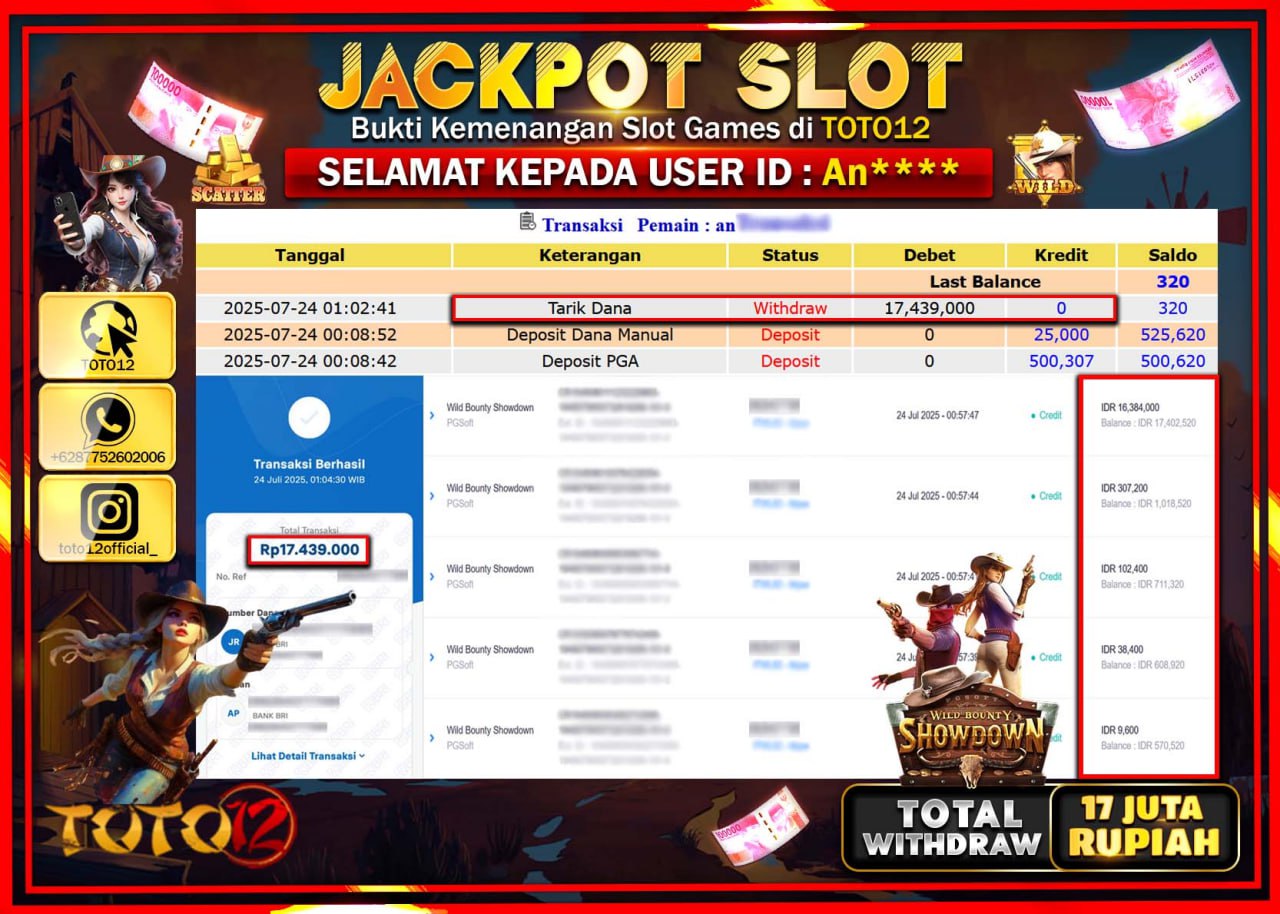 HANYA DI TOTO12 JP PASTI DI BAYAR LUNAS DAN CEPAT!!!!!! JACKPOT SLOT GAME (WILD BOUNTY SHOWDOWN) Rp.17.000.000 !!!!