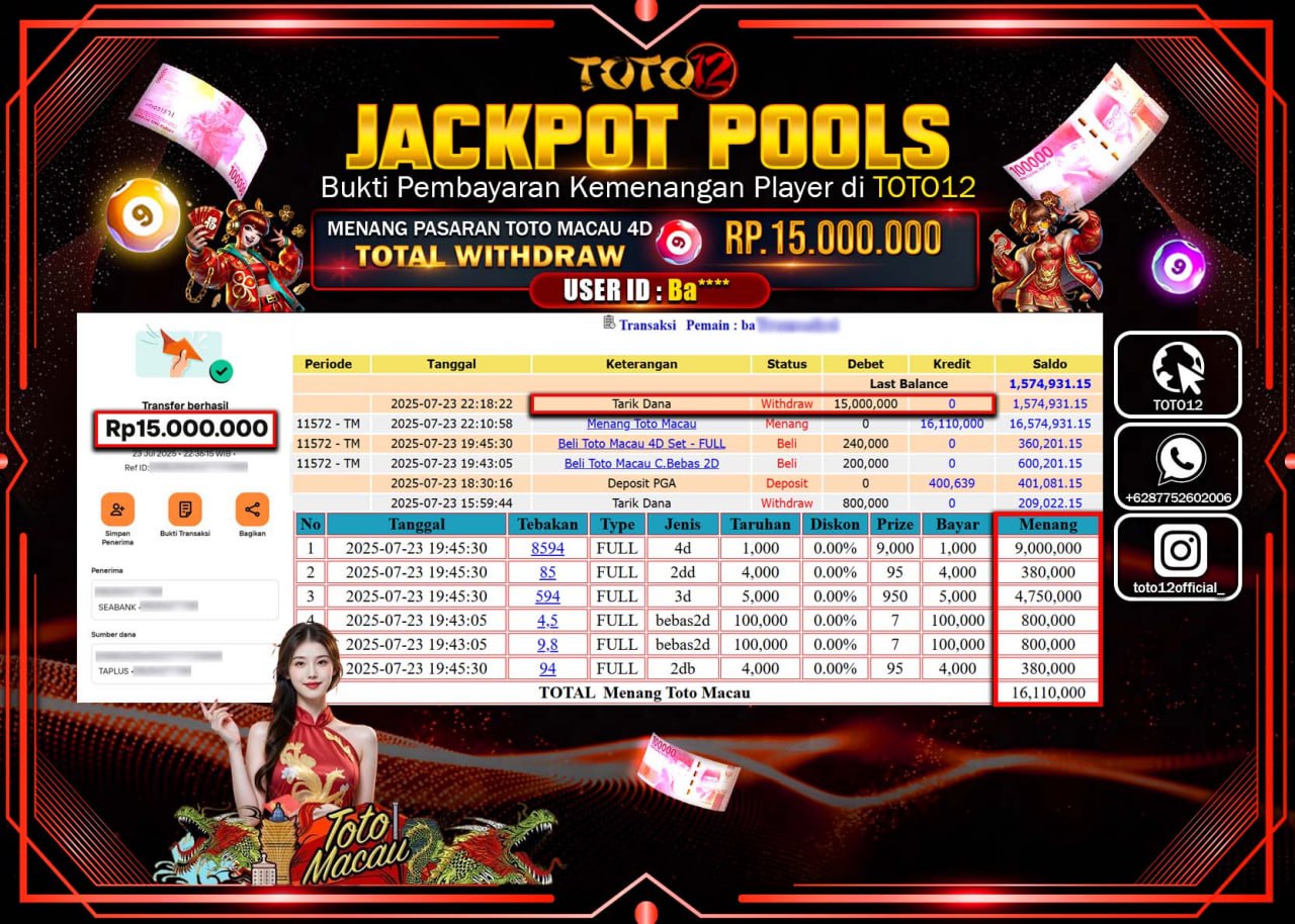 HANYA DI TOTO12 JP PASTI DI BAYAR LUNAS DAN CEPAT!!!!!! JACKPOT POOLS PASARAN (MACAU4D) Rp.15.000.000 !!!!
