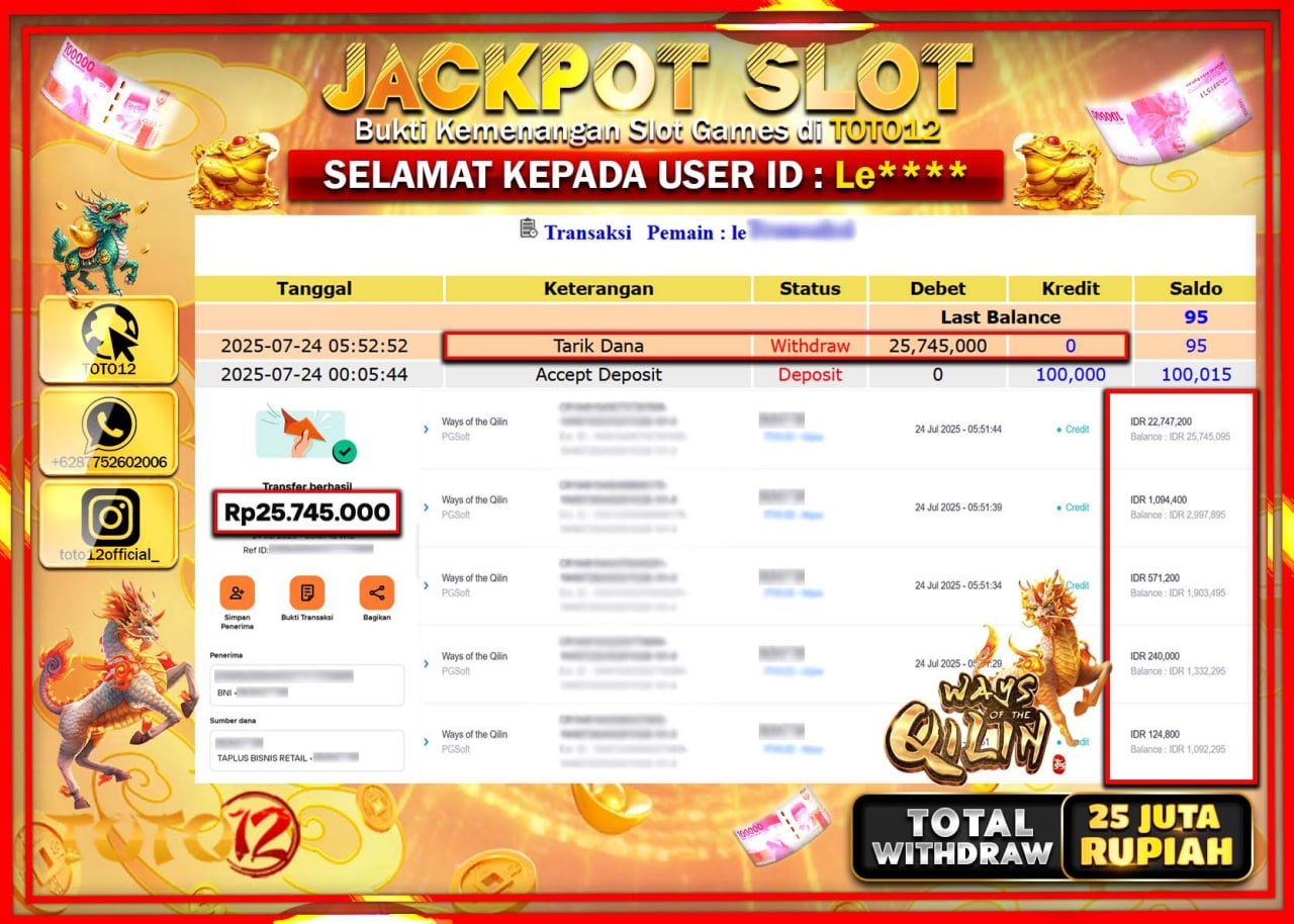 HANYA DI TOTO12 JP PASTI DI BAYAR LUNAS DAN CEPAT!!!!!! JACKPOT SLOT GAME (WAYS OF THE QILIN) Rp.25.000.000 !!!!