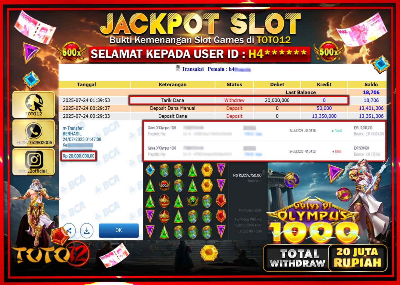 HANYA DI TOTO12 JP PASTI DI BAYAR LUNAS DAN CEPAT!!!!!! JACKPOT SLOT GAME (GATES OF OLYMPUS 1000) Rp.20.000.000 !!!!