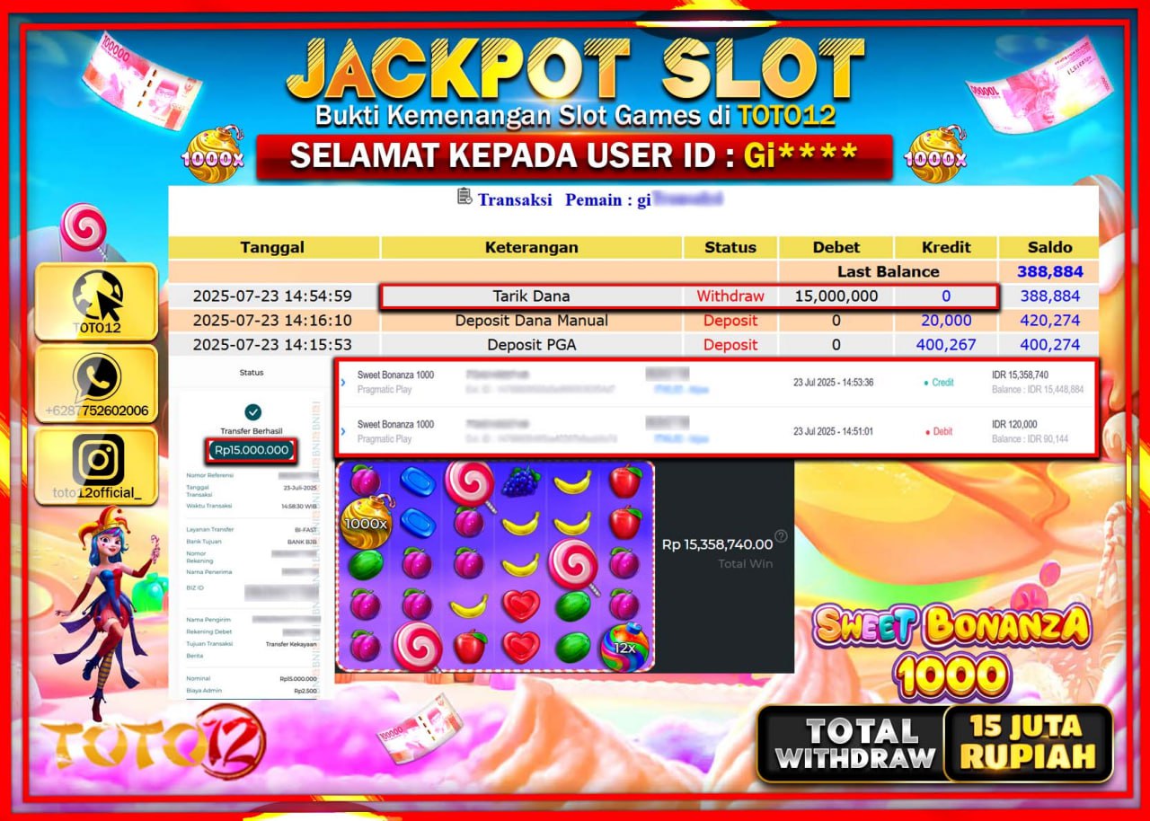 HANYA DI TOTO12 JP PASTI DI BAYAR LUNAS DAN CEPAT!!!!!! JACKPOT SLOT GAME (SWEET BONANZA 1000) Rp.15.000.000 !!!!