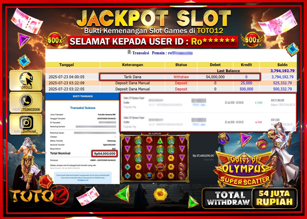 HANYA DI TOTO12 JP PASTI DI BAYAR LUNAS DAN CEPAT!!!!!! JACKPOT SLOT GAME (GATES OF OLYMPUS SUPER SCATTER) Rp.54.000.000 !!!!