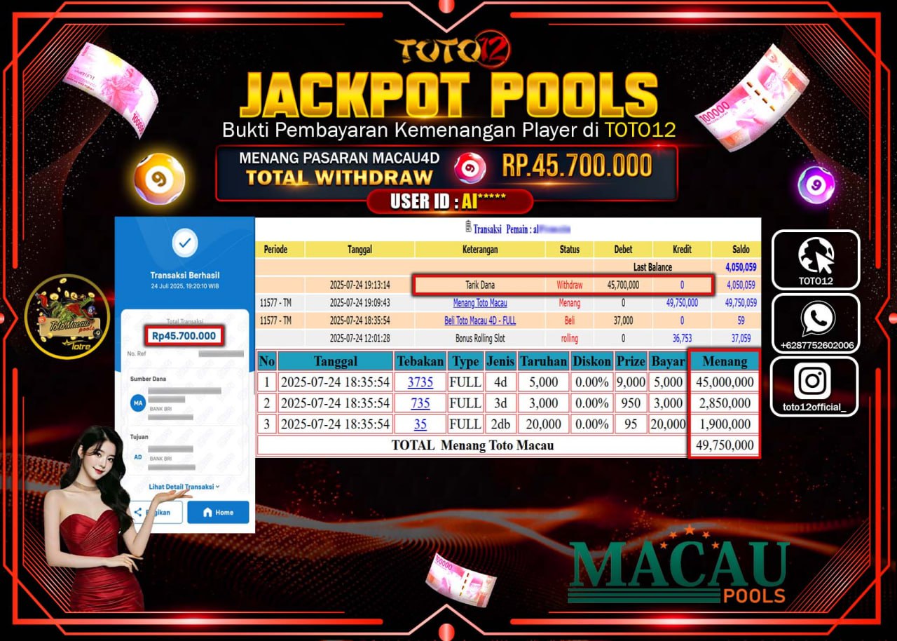 HANYA DI TOTO12 JP PASTI DI BAYAR LUNAS DAN CEPAT!!!!!! JACKPOT POOLS PASARAN (MACAU 4D) Rp.45.700.000 !!!!