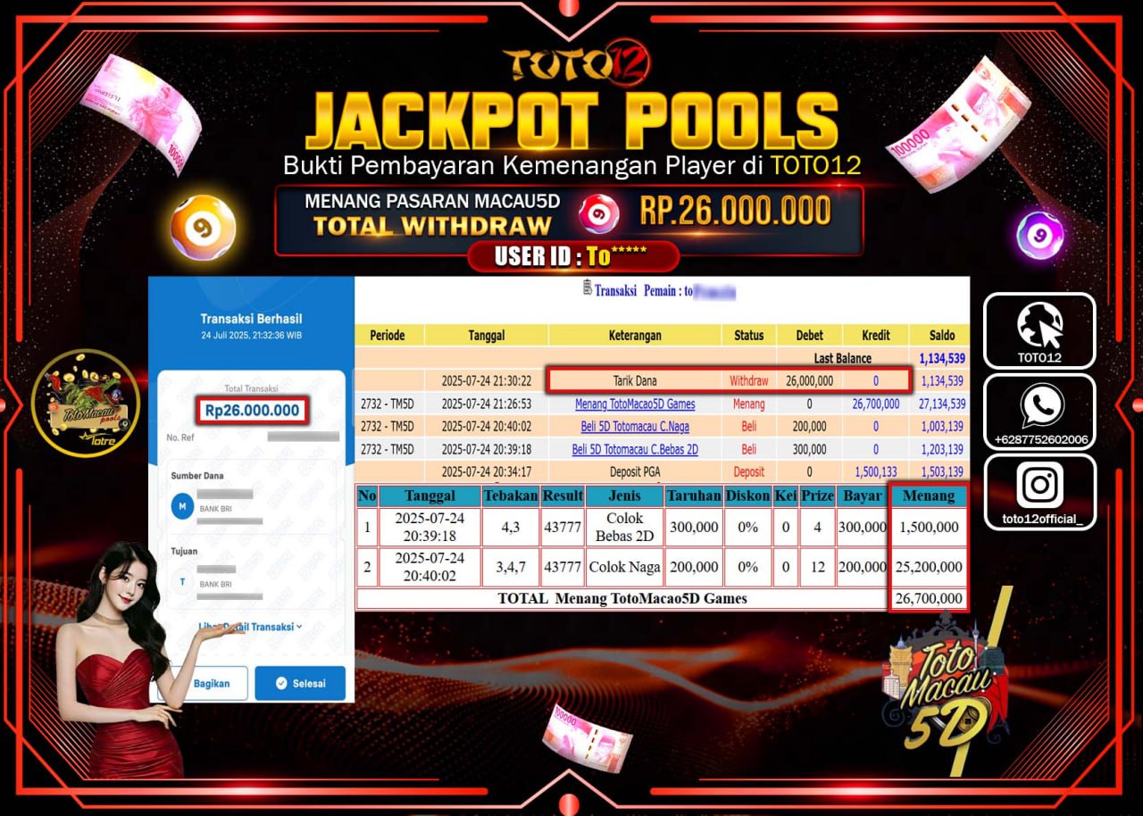 HANYA DI TOTO12 JP PASTI DI BAYAR LUNAS DAN CEPAT!!!!!! JACKPOT POOLS PASARAN (MACAU 5D) Rp.26.000.000 !!!!