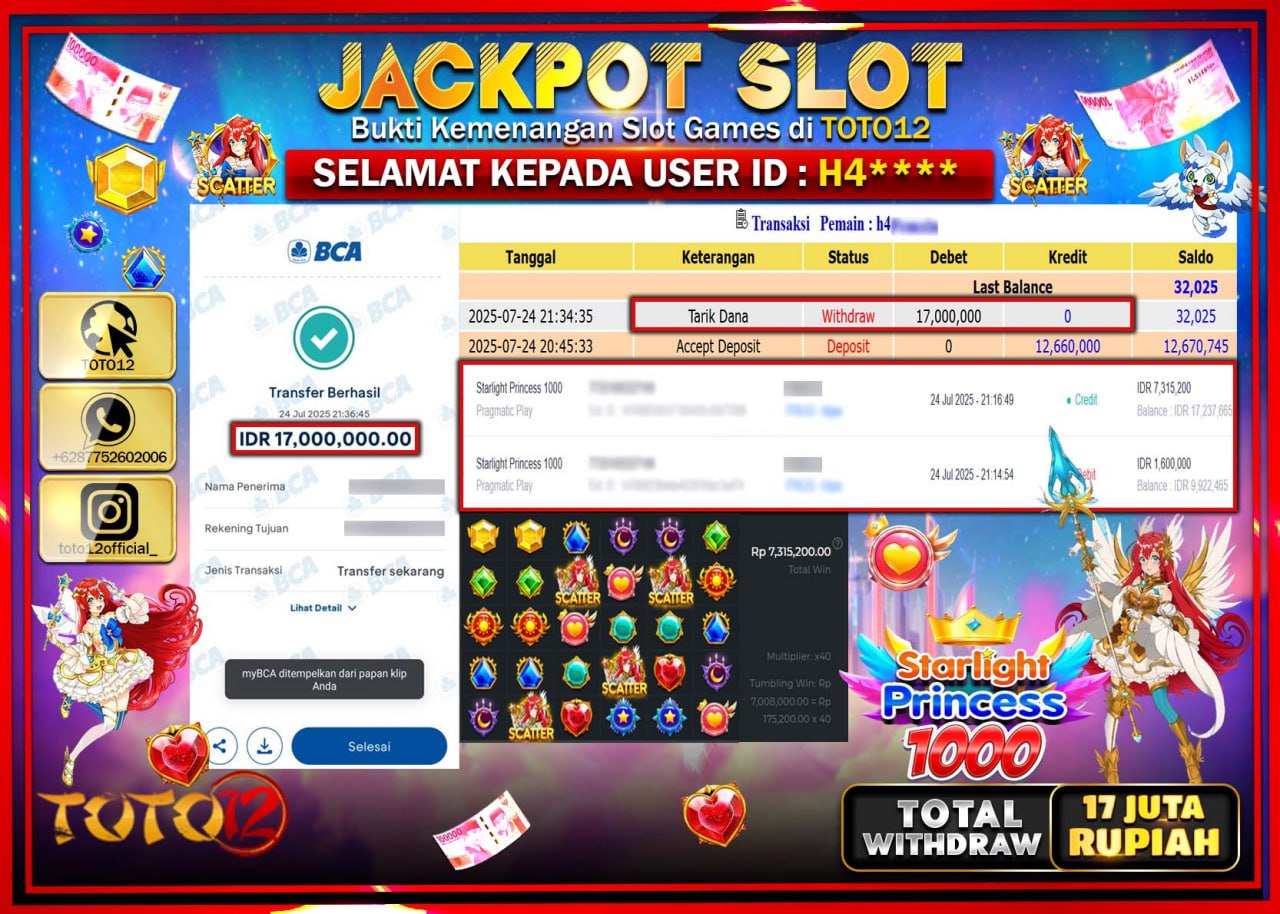 HANYA DI TOTO12 JP PASTI DI BAYAR LUNAS DAN CEPAT!!!!!! JACKPOT SLOT GAME (STARLIGHT PRINCESS 1000) Rp.17.000.000 !!!!