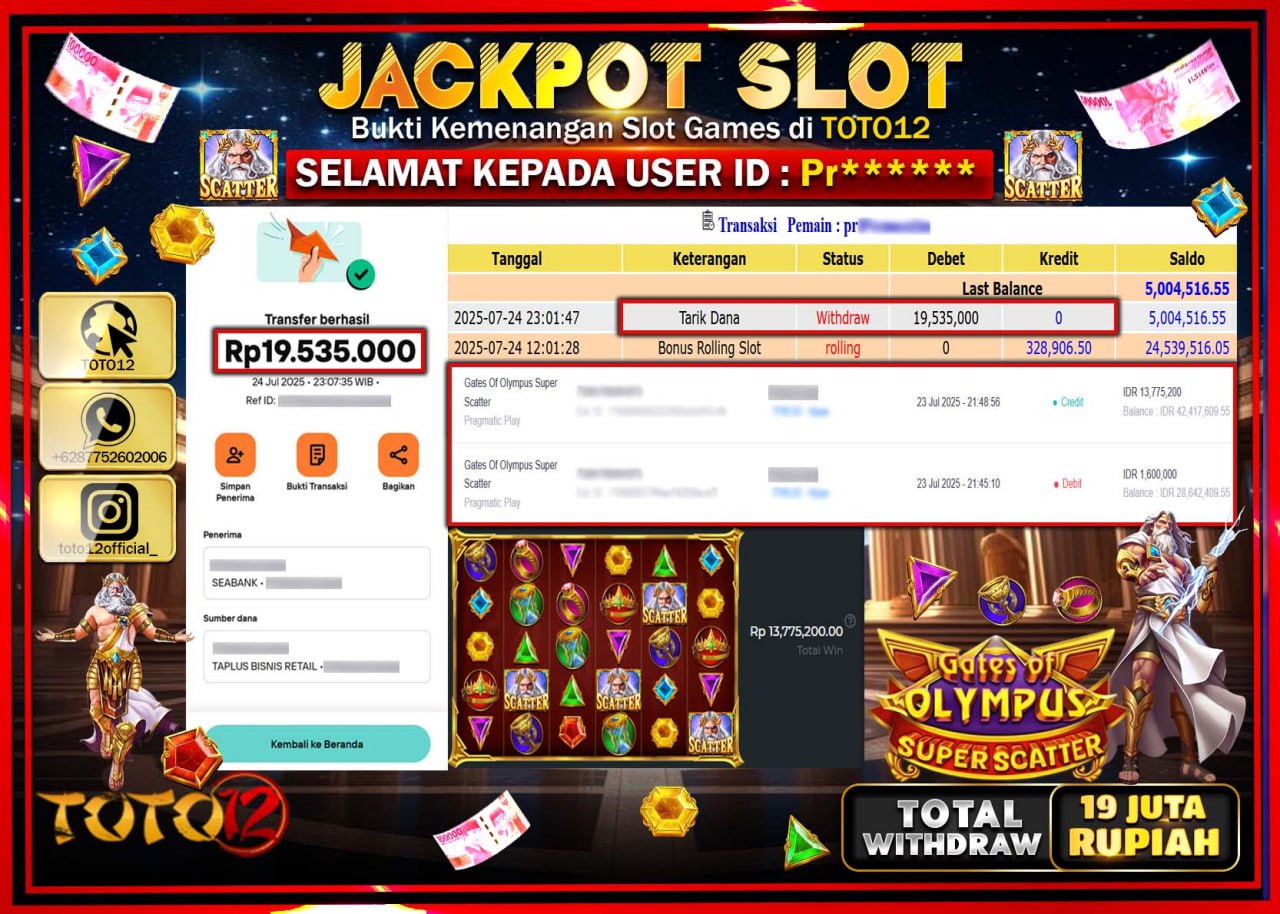HANYA DI TOTO12 JP PASTI DI BAYAR LUNAS DAN CEPAT!!!!!! JACKPOT SLOT GAME (GATES OLYMPUS SUPER SCATTER) Rp.19.535.000 !!!!