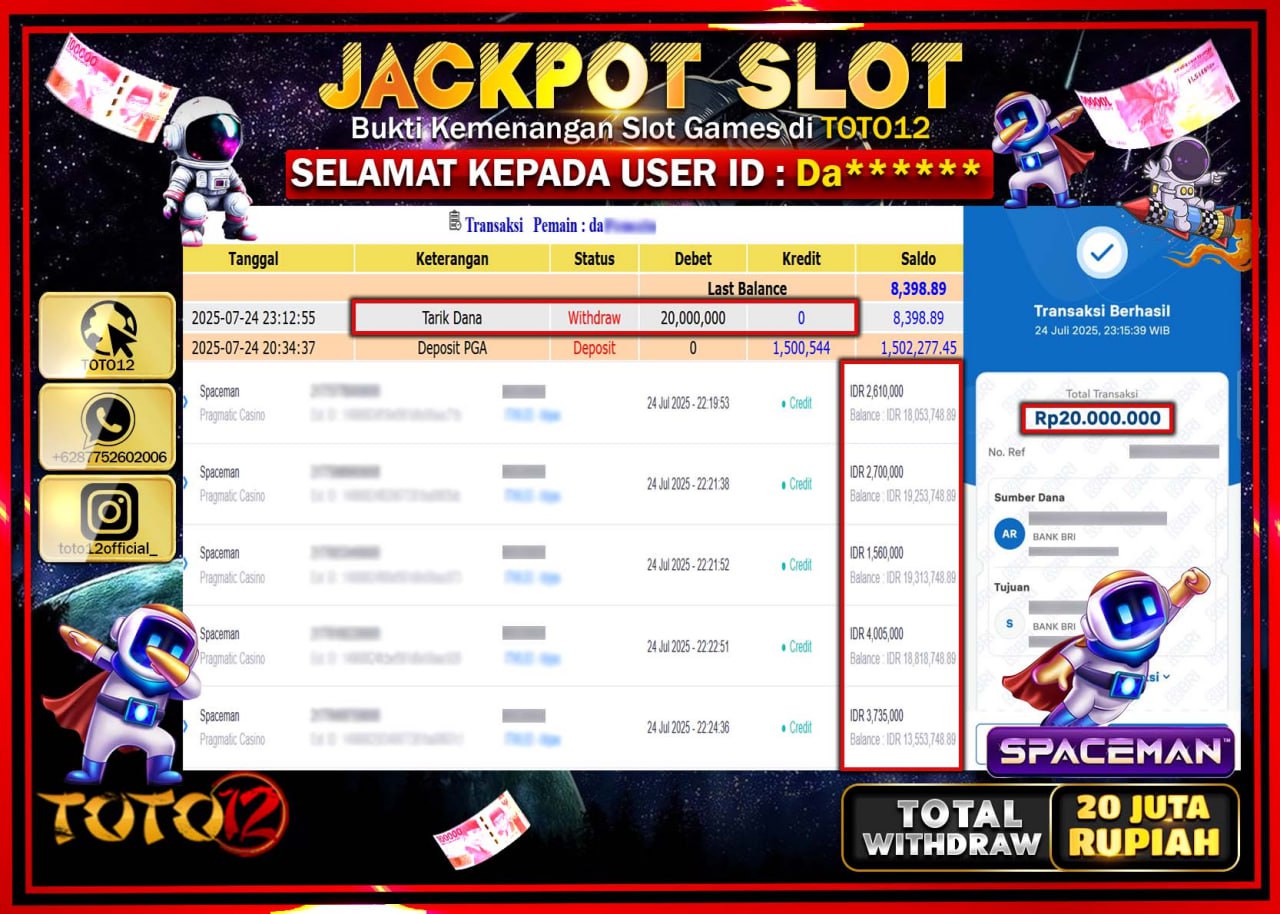 HANYA DI TOTO12 JP PASTI DI BAYAR LUNAS DAN CEPAT!!!!!! JACKPOT SLOT GAME (SPACEMAN) Rp.20.000.000 !!!!