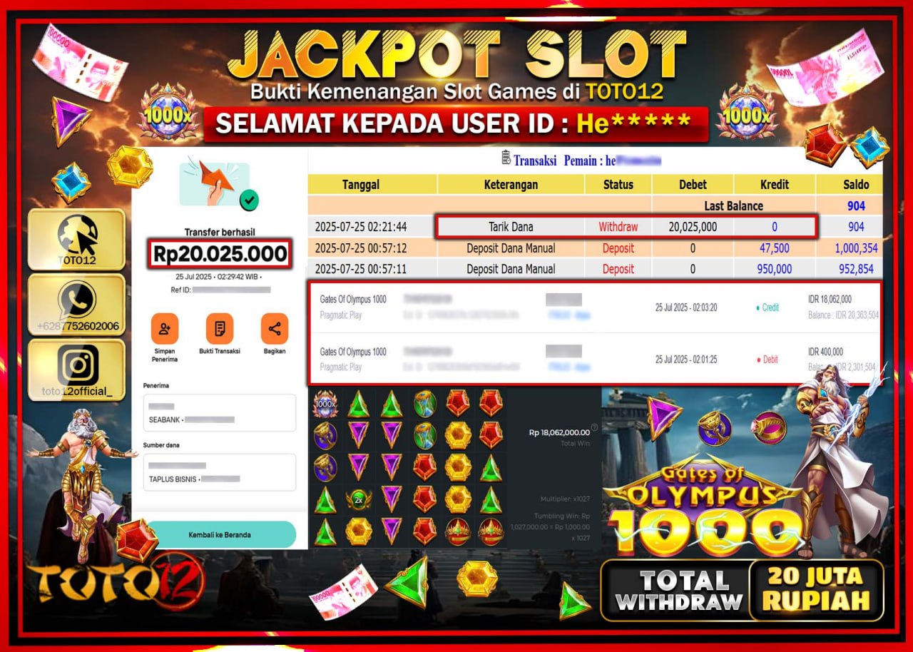 HANYA DI TOTO12 JP PASTI DI BAYAR LUNAS DAN CEPAT!!!!!! JACKPOT SLOT GAME (GATES OF OLYMPUS 1000) Rp.20.025.000 !!!!