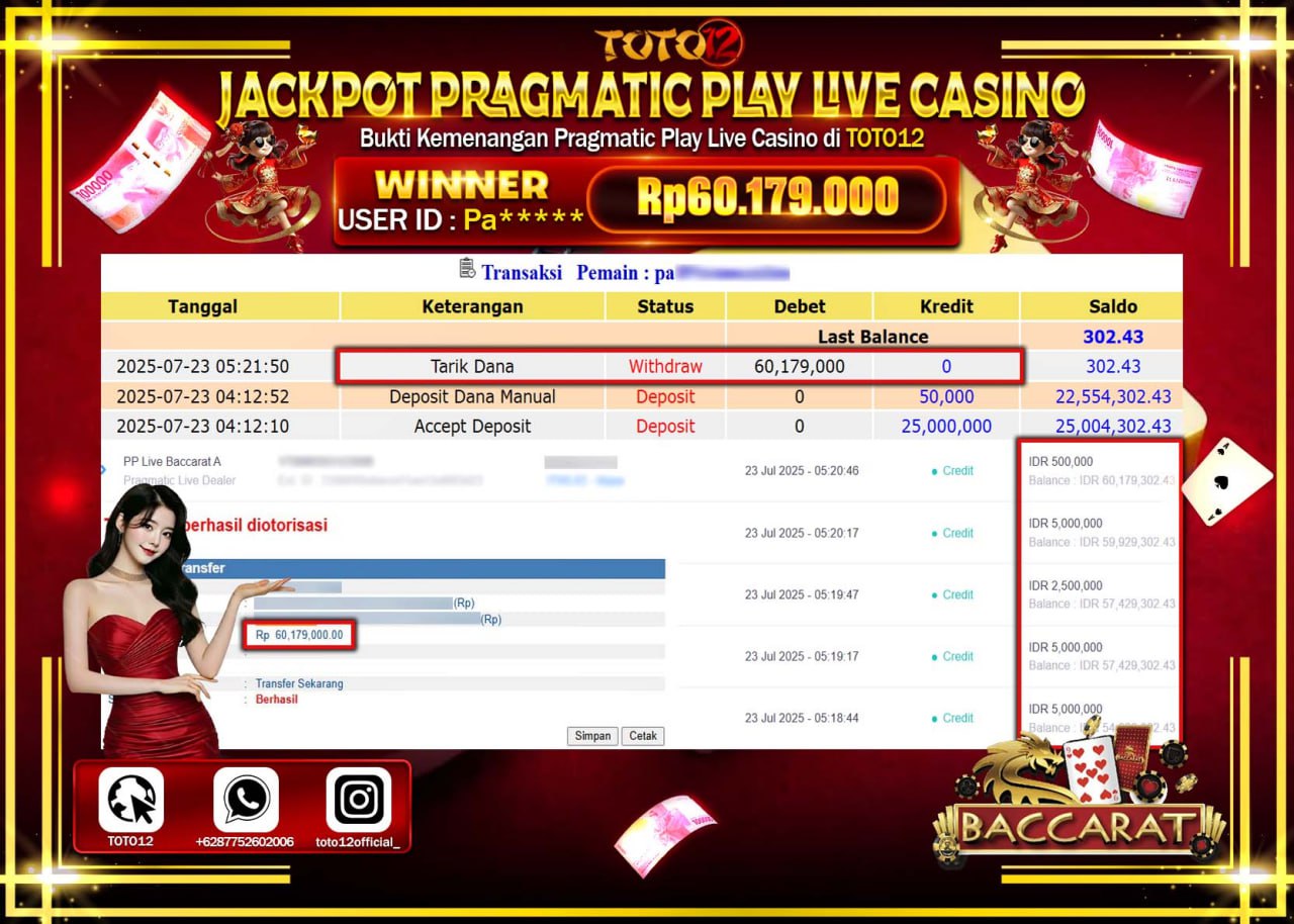 HANYA DI TOTO12 JP PASTI DI BAYAR LUNAS DAN CEPAT!!!!!! JACKPOT PRAGMATIC PLAY LIVE CASINO (BACCARAT) Rp.60.179.000 !!!!