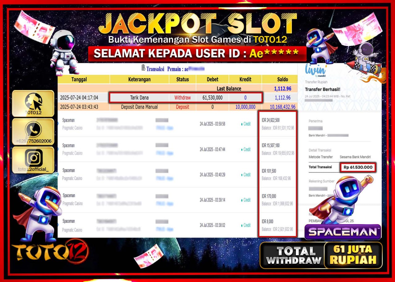 HANYA DI TOTO12 JP PASTI DI BAYAR LUNAS DAN CEPAT!!!!!! JACKPOT SLOT GAME (SPACEMAN) Rp.61.000.000 !!!!