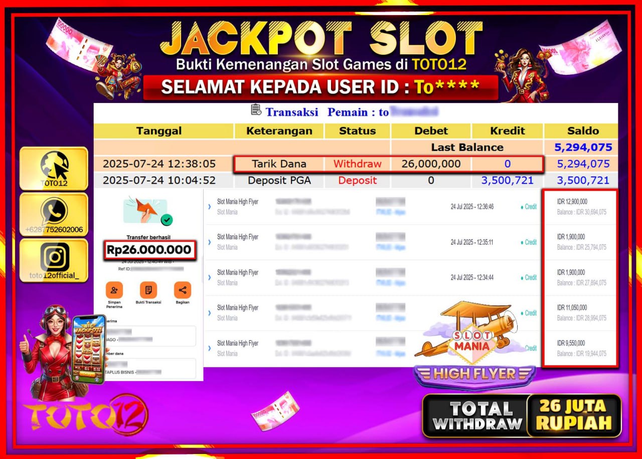HANYA DI TOTO12 JP PASTI DI BAYAR LUNAS DAN CEPAT!!!!!! JACKPOT SLOT GAME (SLOT MANIA HIGH FLYER) Rp.26.000.000 !!!!