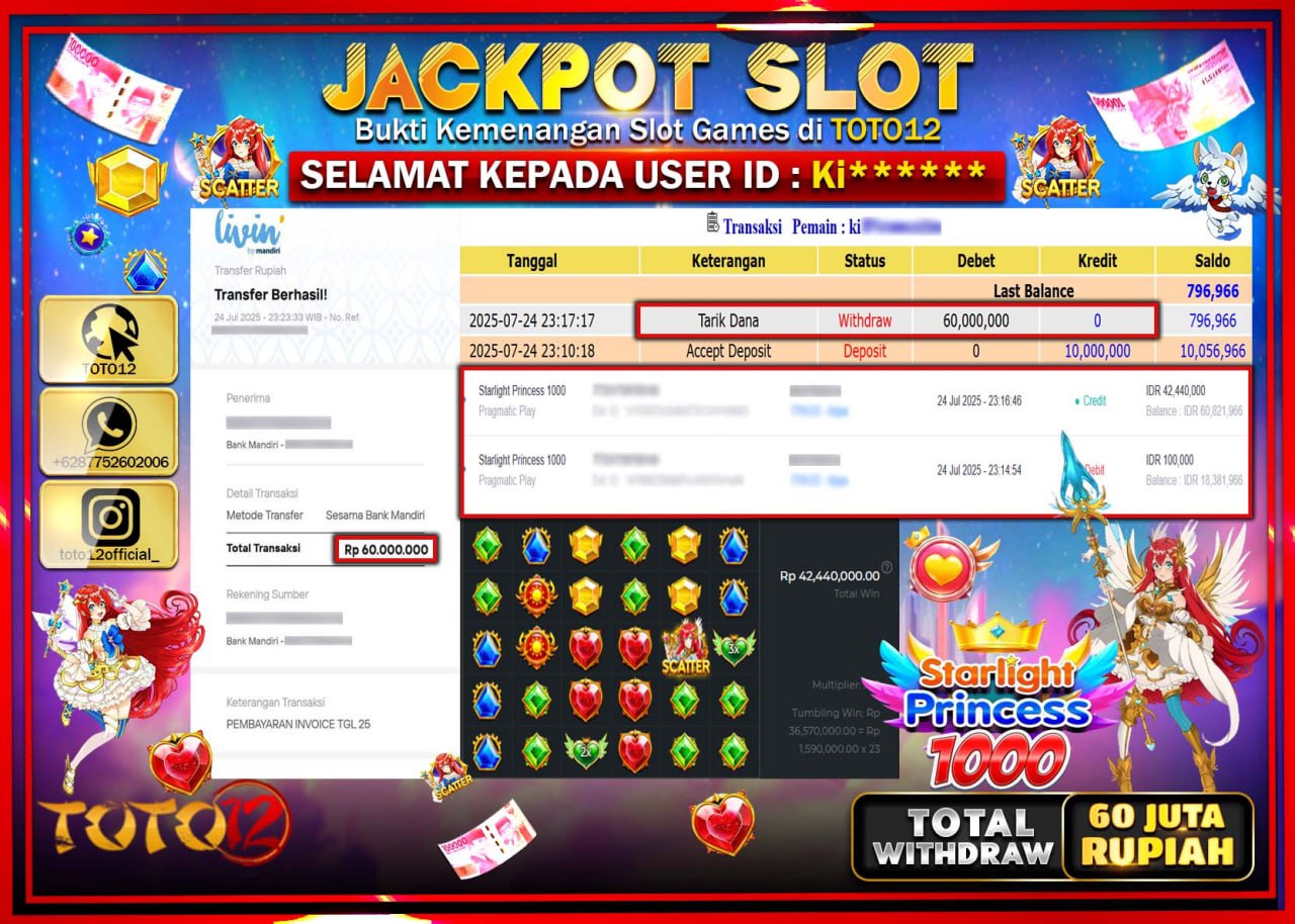 HANYA DI TOTO12 JP PASTI DI BAYAR LUNAS DAN CEPAT!!!!!! JACKPOT SLOT GAME (STARLIGHT PRINCESS 1000) Rp.60.000.000 !!!!