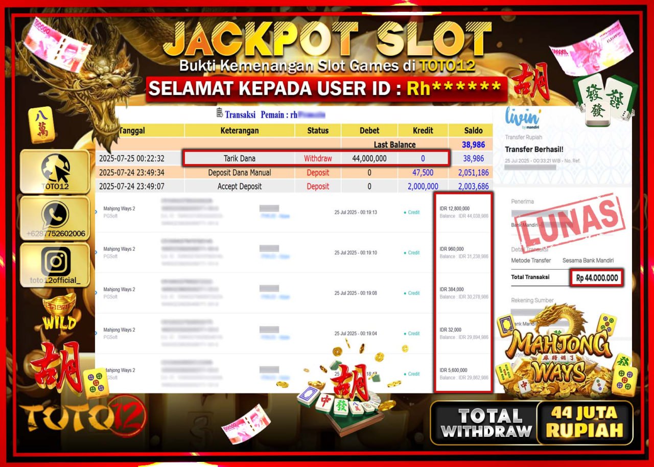 HANYA DI TOTO12 JP PASTI DI BAYAR LUNAS DAN CEPAT!!!!!! JACKPOT SLOT GAME (MAHJONG WAYS) Rp.44.000.000 !!!!