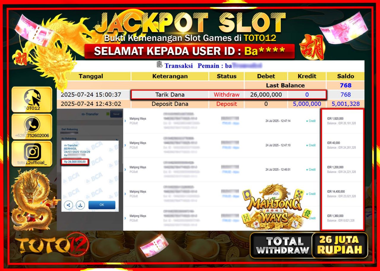 HANYA DI TOTO12 JP PASTI DI BAYAR LUNAS DAN CEPAT!!!!!! JACKPOT SLOT GAME (MAHJONG WAYS) Rp.26.000.000 !!!!