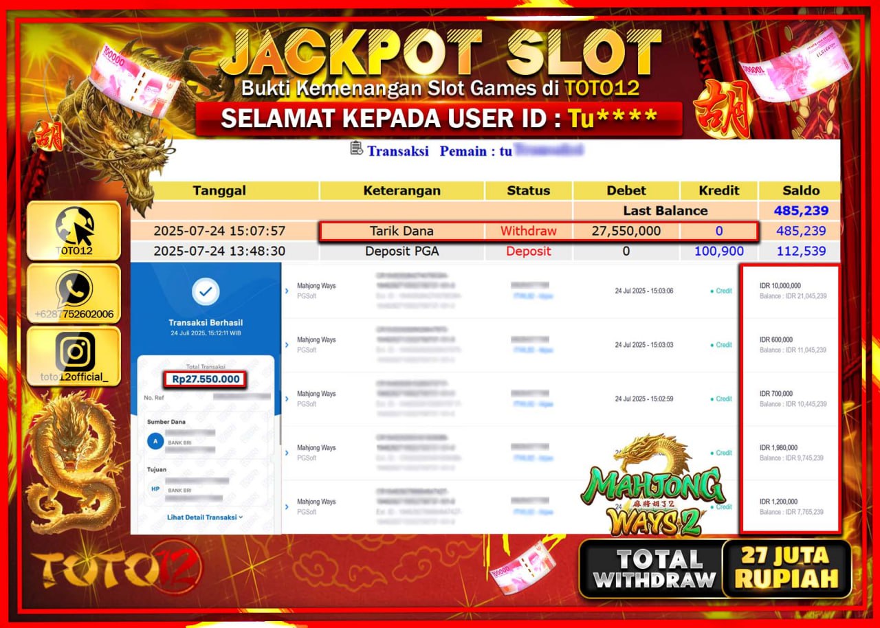 HANYA DI TOTO12 JP PASTI DI BAYAR LUNAS DAN CEPAT!!!!!! JACKPOT SLOT GAME (MAHJONG WAYS 2) Rp.27.550.000 !!!!