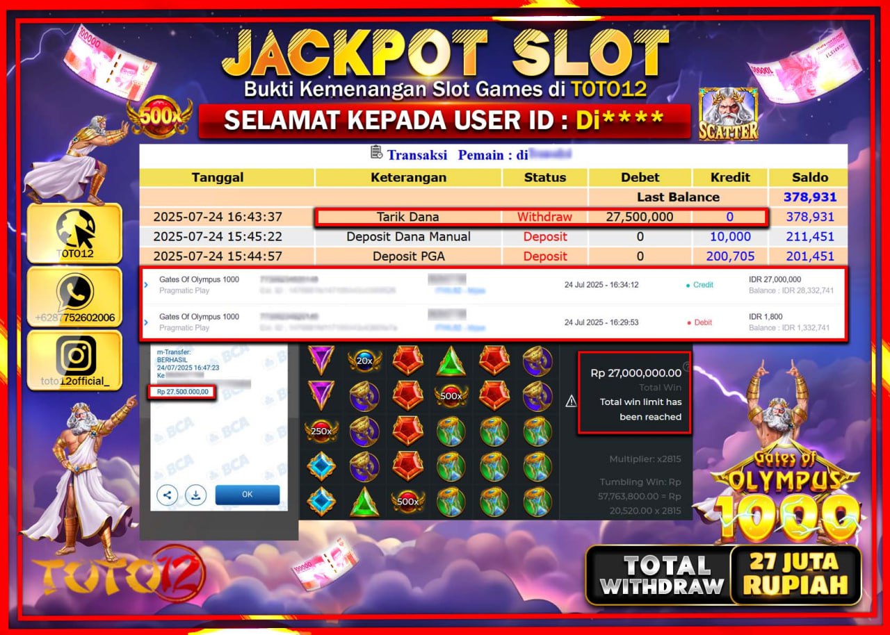 HANYA DI TOTO12 JP PASTI DI BAYAR LUNAS DAN CEPAT!!!!!! JACKPOT SLOT GAME (GATES OF OLYMPUS 1000) Rp.27.500.000 !!!!