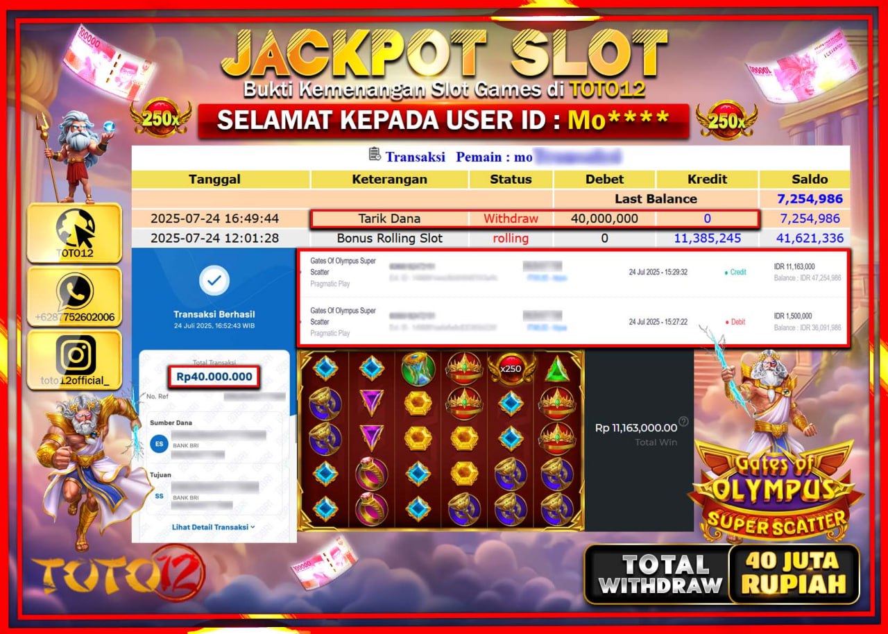 HANYA DI TOTO12 JP PASTI DI BAYAR LUNAS DAN CEPAT!!!!!! JACKPOT SLOT GAME (GATES OF OLYMPUS SUPER SCATTER) Rp.40.000.000 !!!!