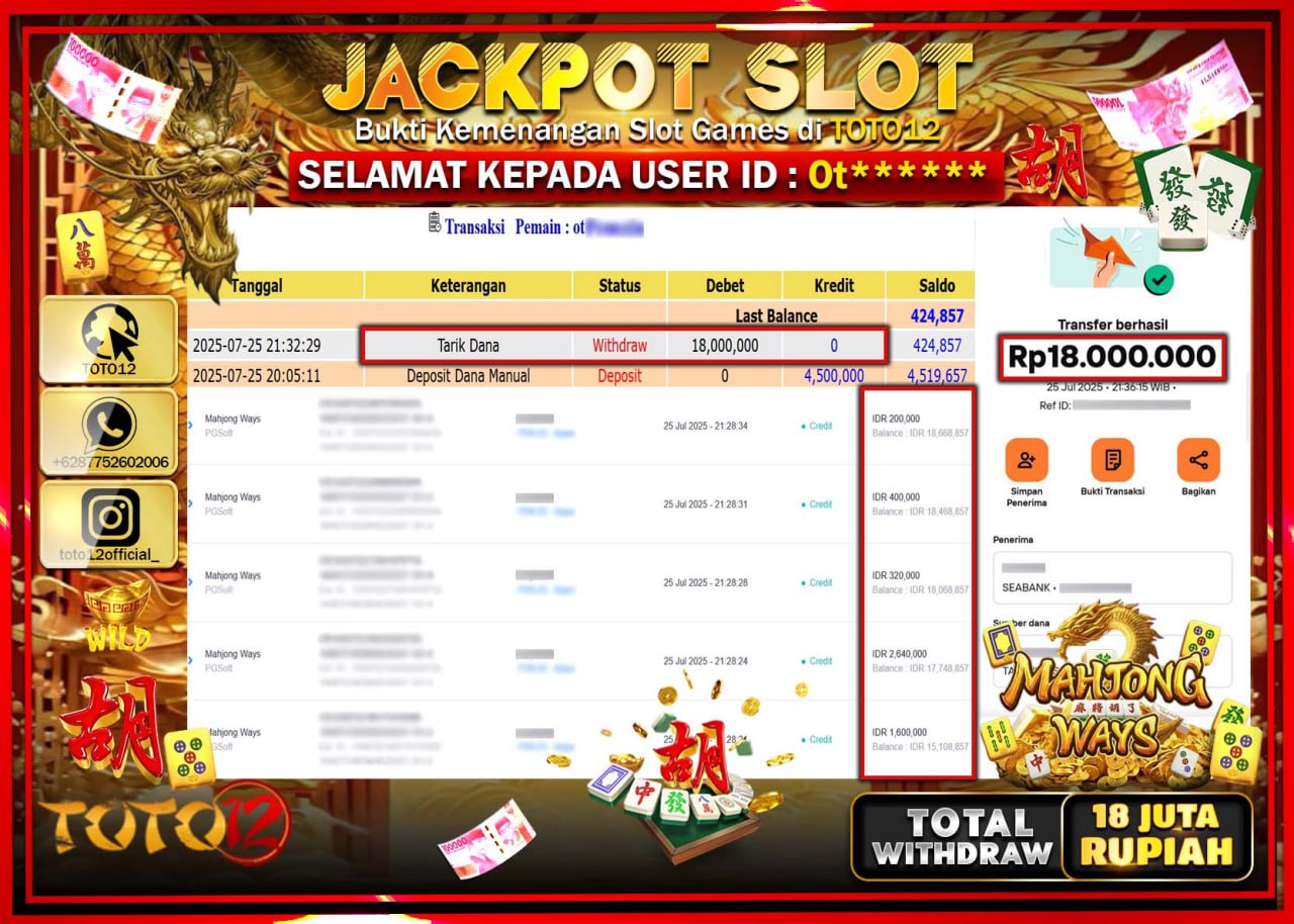 HANYA DI TOTO12 JP PASTI DI BAYAR LUNAS DAN CEPAT!!!!!! JACKPOT SLOT GAME (MAHJONG WAYS) Rp.18.000.000 !!!!