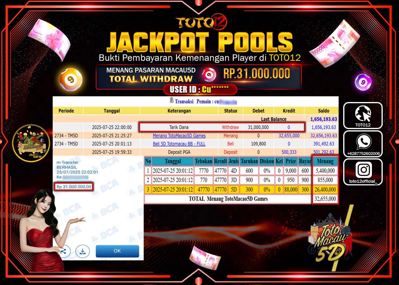HANYA DI TOTO12 JP PASTI DI BAYAR LUNAS DAN CEPAT!!!!!! JACKPOT POOLS PASARAN (MACAU 5D) Rp.31.000.000 !!!!
