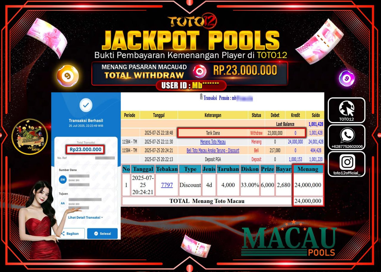 HANYA DI TOTO12 JP PASTI DI BAYAR LUNAS DAN CEPAT!!!!!! JACKPOT POOLS PASARAN (MACAU POOLS) Rp.23.000.000 !!!!
