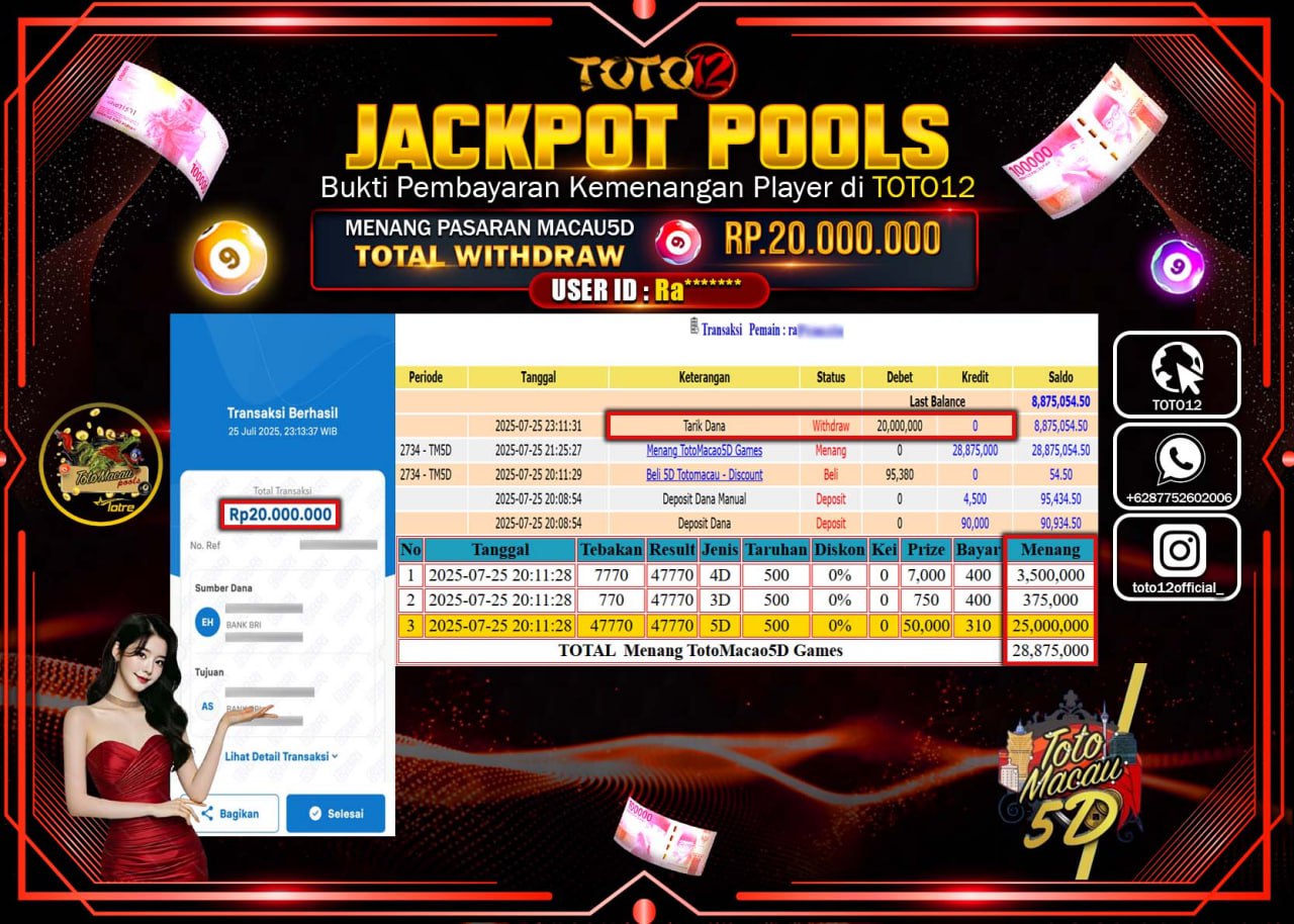 HANYA DI TOTO12 JP PASTI DI BAYAR LUNAS DAN CEPAT!!!!!! JACKPOT POOLS PASARAN (MACAU 5D) Rp.20.000.000 !!!!