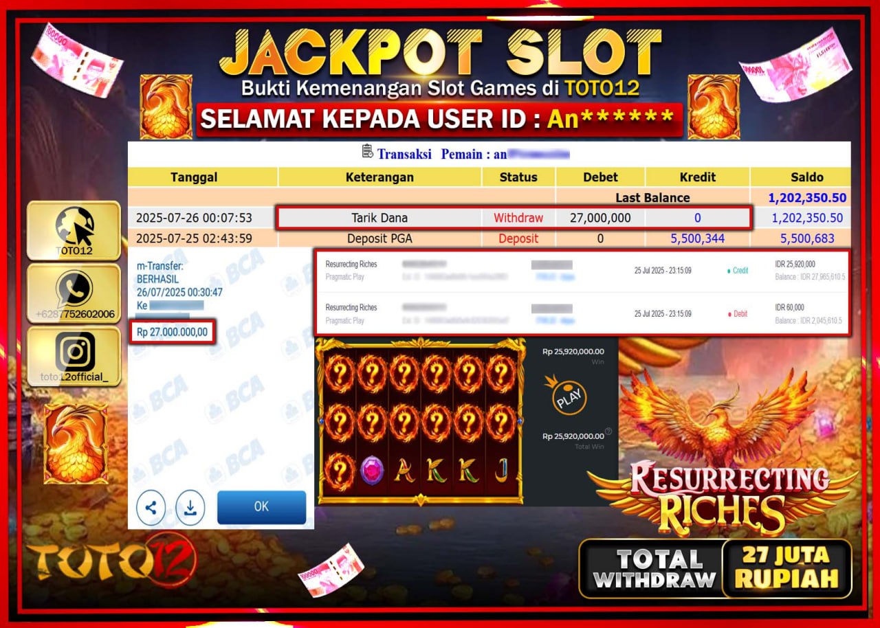 HANYA DI TOTO12 JP PASTI DI BAYAR LUNAS DAN CEPAT!!!!!! JACKPOT SLOT GAME (RESURRECTING RICHES) Rp.27.000.000 !!!!