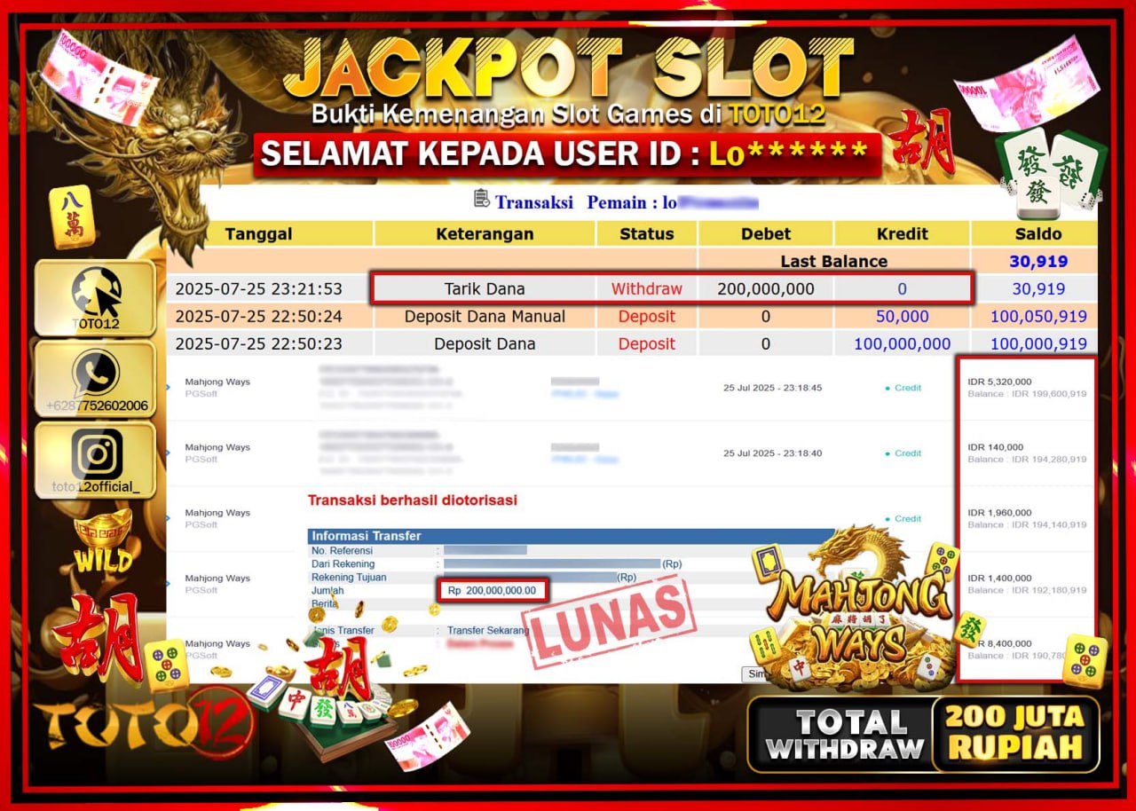 HANYA DI TOTO12 JP PASTI DI BAYAR LUNAS DAN CEPAT!!!!!! JACKPOT SLOT GAME (MAHJONG WAYS) Rp.200.000.000 !!!!
