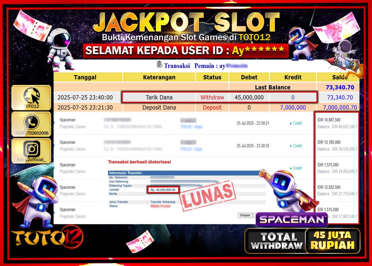HANYA DI TOTO12 JP PASTI DI BAYAR LUNAS DAN CEPAT!!!!!! JACKPOT SLOT GAME (SPACEMAN) Rp.45.000.000 !!!!