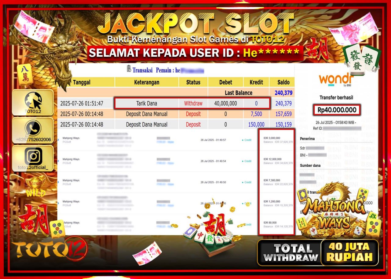 HANYA DI TOTO12 JP PASTI DI BAYAR LUNAS DAN CEPAT!!!!!! JACKPOT SLOT GAME (MAHJONG WAYS) Rp.40.000.000 !!!!