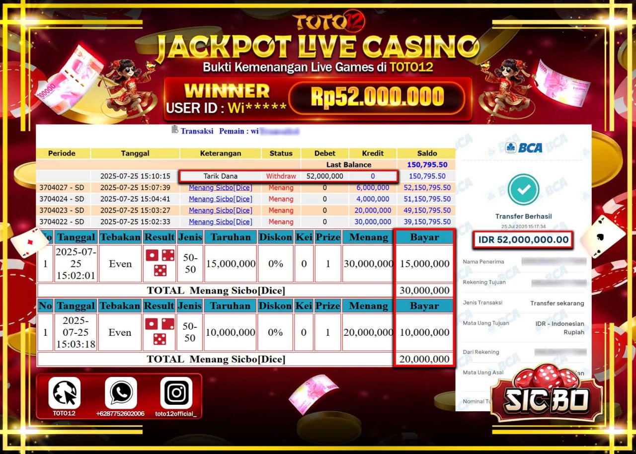 HANYA DI TOTO12 JP PASTI DI BAYAR LUNAS DAN CEPAT!!!!!! JACKPOT LIVE CASINO  (SICBO) Rp.52.000.000 !!!!