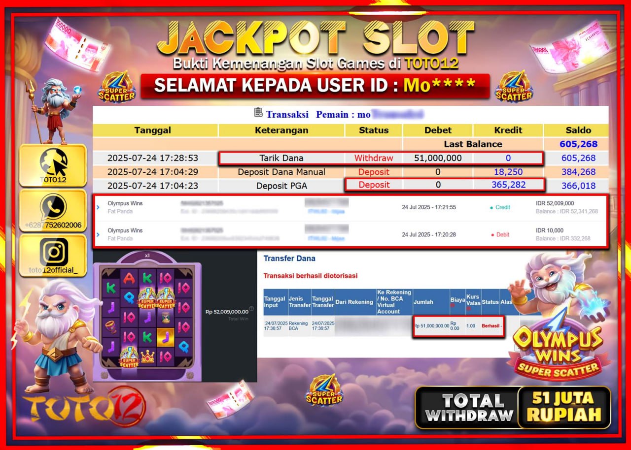 HANYA DI TOTO12 JP PASTI DI BAYAR LUNAS DAN CEPAT!!!!!! JACKPOT SLOT GAME (OLYMPUS WINS SUPER SCATTER) Rp.51.000.000 !!!!