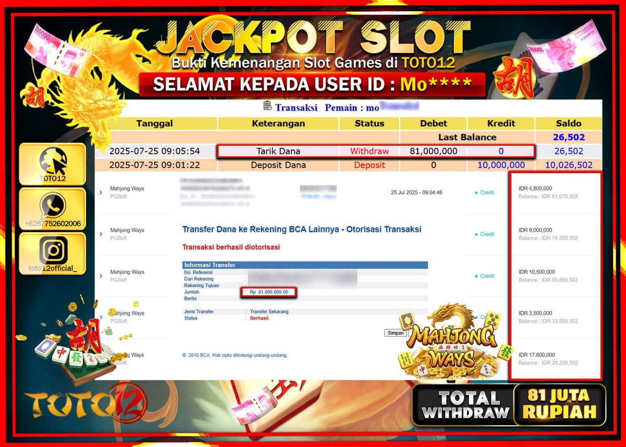 HANYA DI TOTO12 JP PASTI DI BAYAR LUNAS DAN CEPAT!!!!!! JACKPOT SLOT GAME (MAHJONG WAYS) Rp.81.000.000 !!!!