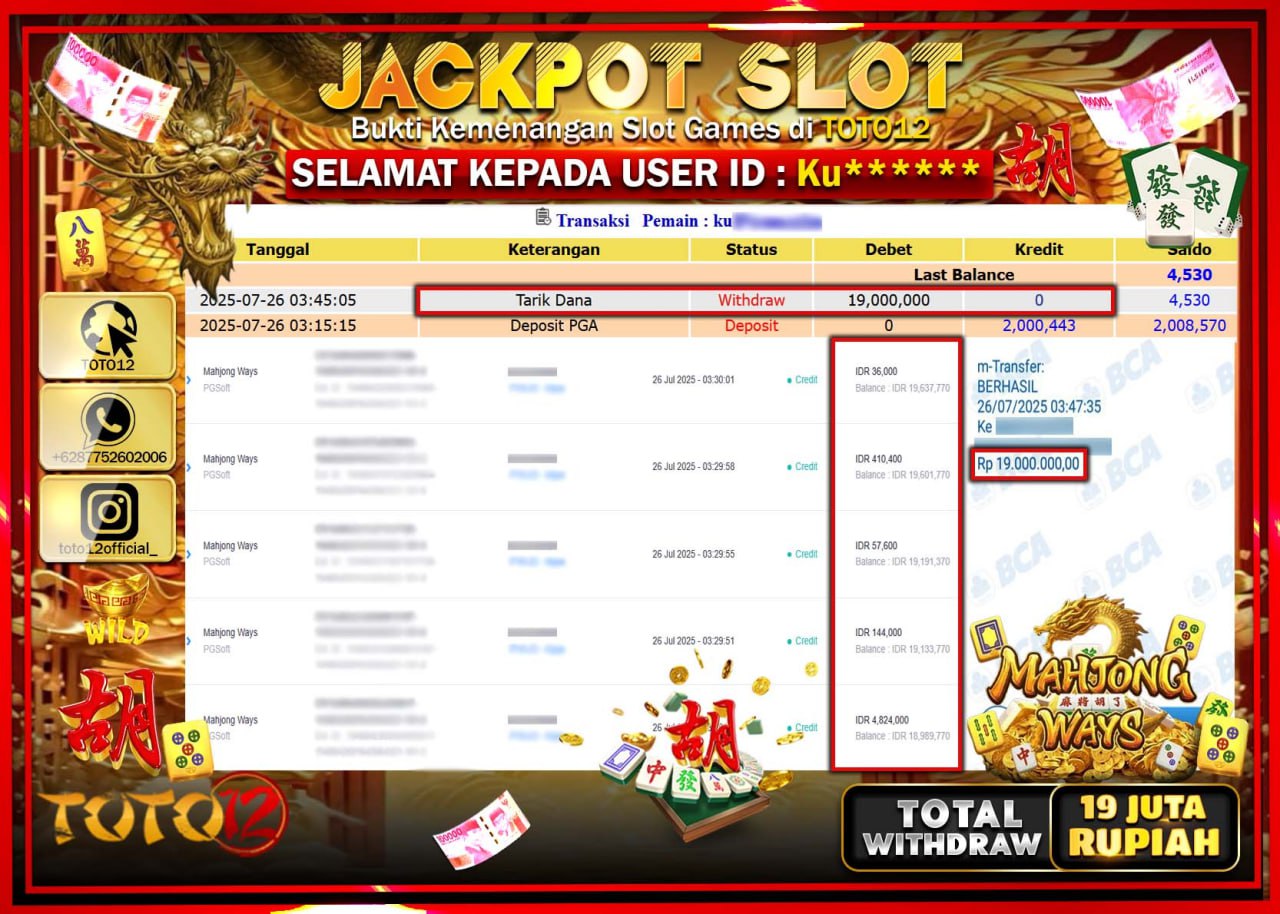 HANYA DI TOTO12 JP PASTI DI BAYAR LUNAS DAN CEPAT!!!!!! JACKPOT SLOT GAME (MAHJONG WAYS) Rp.19.000.000 !!!!