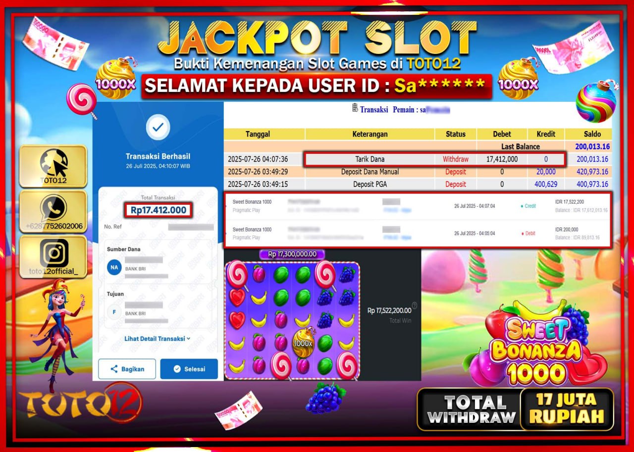 HANYA DI TOTO12 JP PASTI DI BAYAR LUNAS DAN CEPAT!!!!!! JACKPOT SLOT GAME (SWEET BONANZA 1000) Rp.17.412.000 !!!!