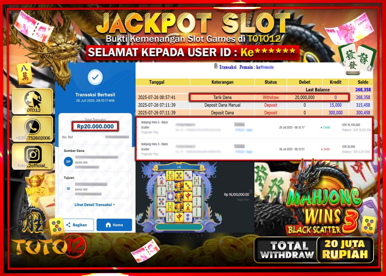 HANYA DI TOTO12 JP PASTI DI BAYAR LUNAS DAN CEPAT!!!!!! JACKPOT SLOT GAME (MAHJONG WINS BLACK SCATTER 3) Rp.20.000.000 !!!!