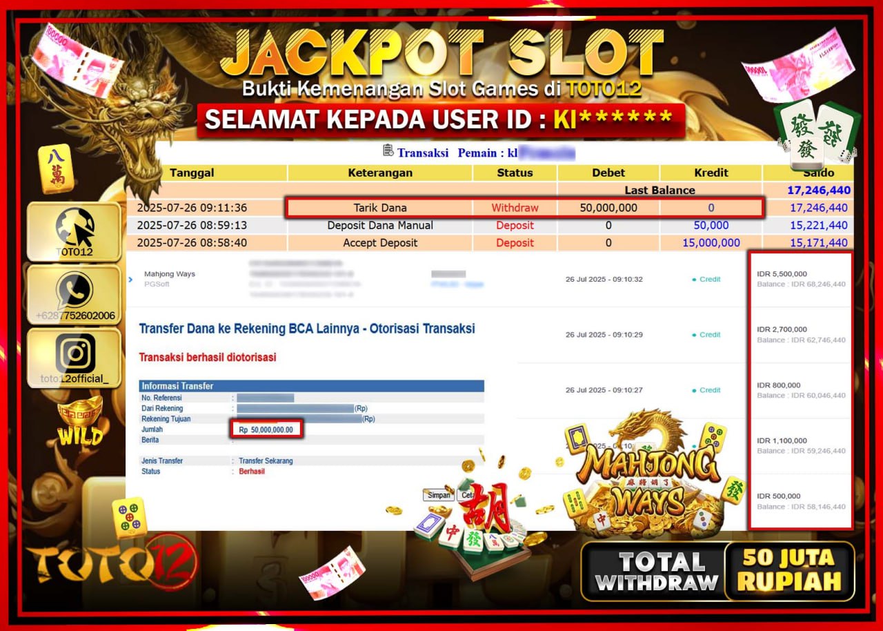 HANYA DI TOTO12 JP PASTI DI BAYAR LUNAS DAN CEPAT!!!!!! JACKPOT SLOT GAME (MAHJONG WAYS) Rp.50.000.000 !!!!