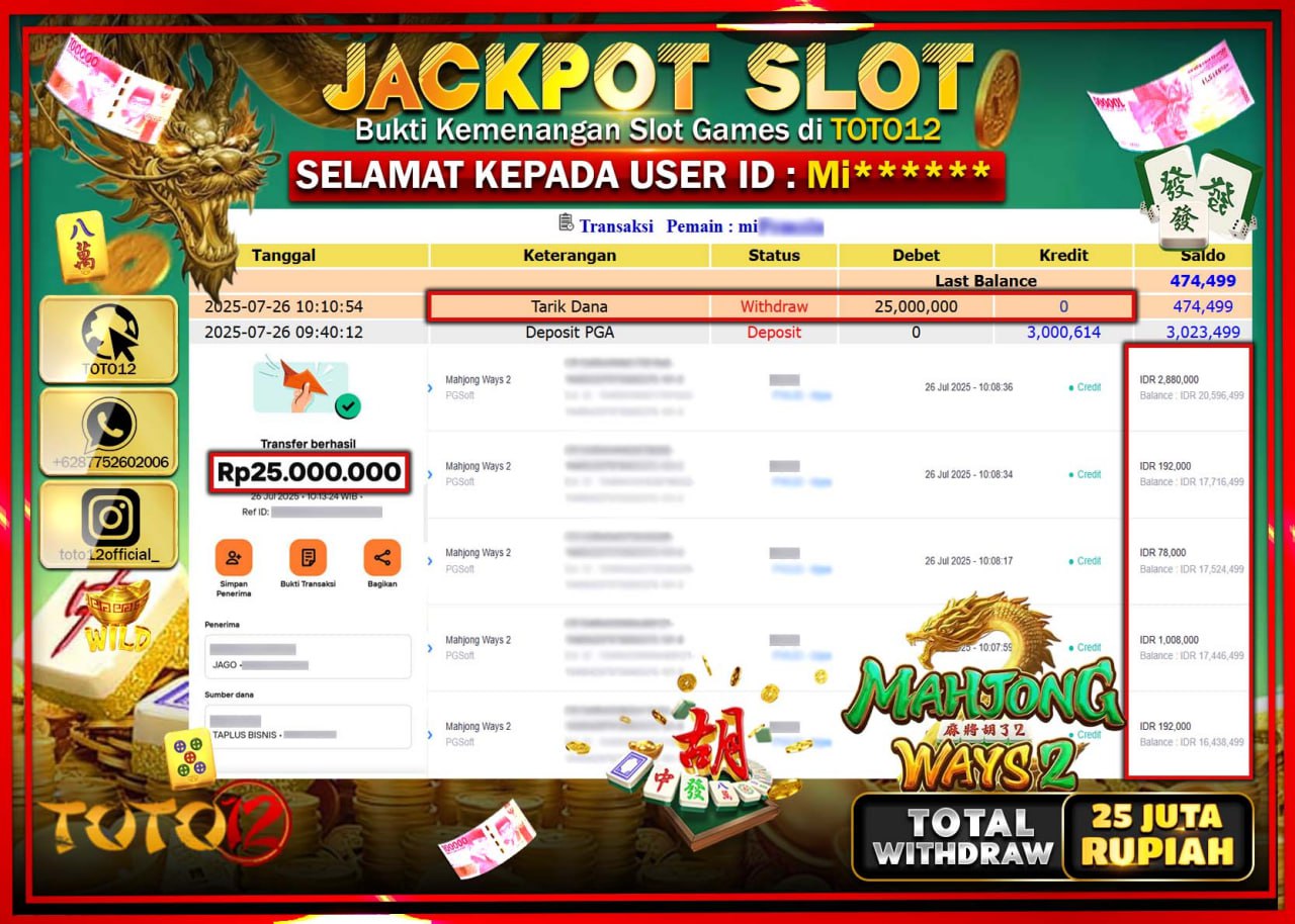 HANYA DI TOTO12 JP PASTI DI BAYAR LUNAS DAN CEPAT!!!!!! JACKPOT SLOT GAME (MAHJONG WAYS 2) Rp.25.000.000 !!!!