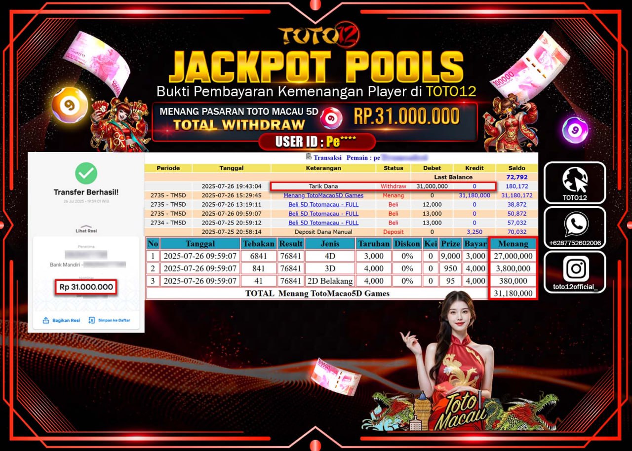 HANYA DI TOTO12 JP PASTI DI BAYAR LUNAS DAN CEPAT!!!!!! JACKPOT POOLS PASARAN ( TOTO MACAU 5D) Rp.31.000.000 !!!!
