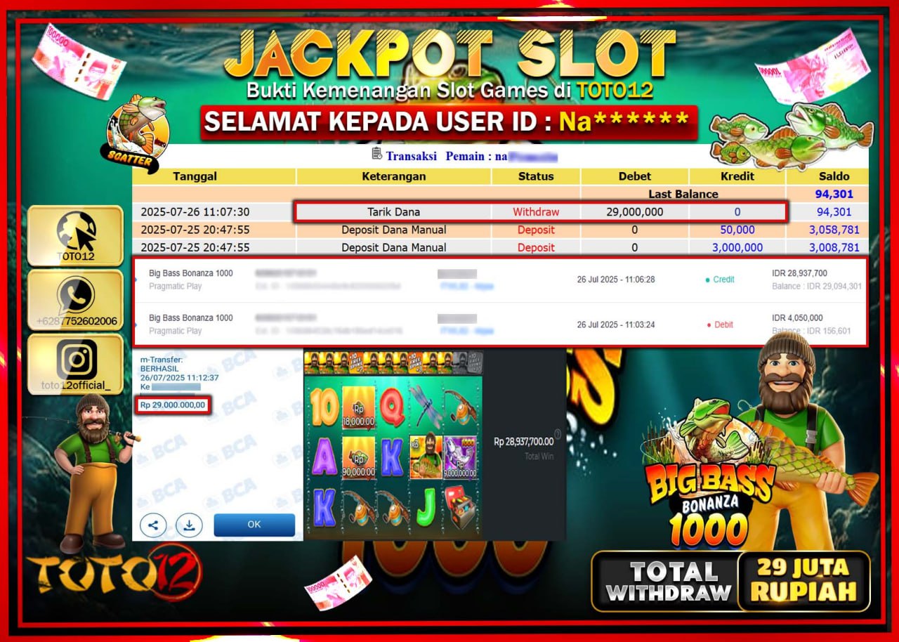 HANYA DI TOTO12 JP PASTI DI BAYAR LUNAS DAN CEPAT!!!!!! JACKPOT SLOT GAME (BIG BASS BONANZA 1000) Rp.29.000.000 !!!!