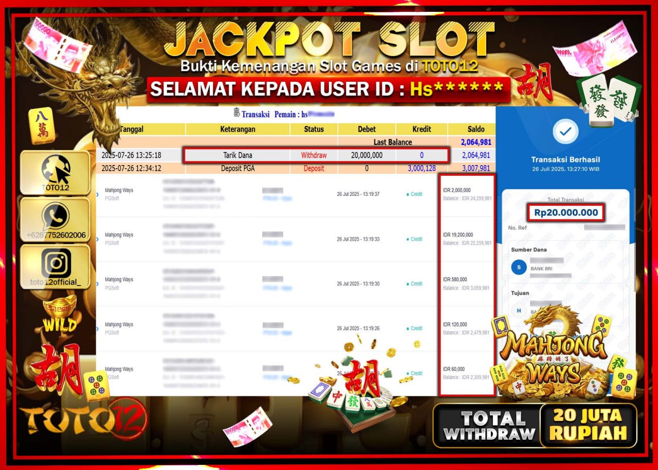 HANYA DI TOTO12 JP PASTI DI BAYAR LUNAS DAN CEPAT!!!!!! JACKPOT SLOT GAME (MAHJONG WAYS) Rp.20.000.000 !!!!