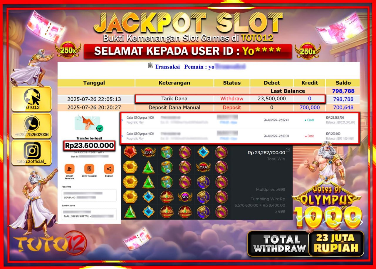 HANYA DI TOTO12 JP PASTI DI BAYAR LUNAS DAN CEPAT!!!!!! JACKPOT SLOT GAME (GATES OF OLYMPUS 1000) Rp.23.500.000 !!!!