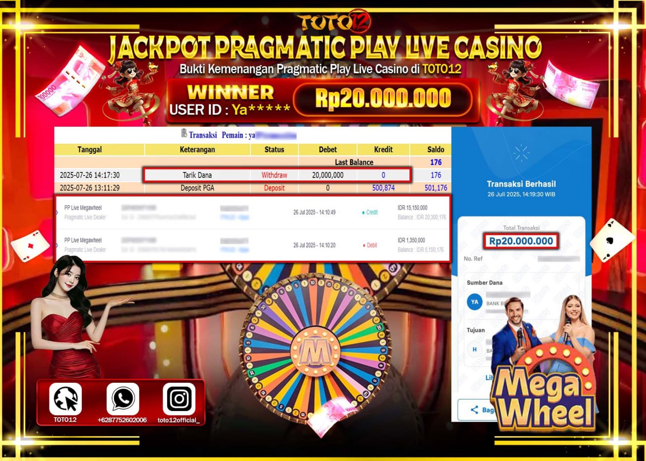 HANYA DI TOTO12 JP PASTI DI BAYAR LUNAS DAN CEPAT!!!!!! JACKPOT PRAGMATIC PLAY LIVE CASINO (MEGA WHEEL) Rp.20.000.000 !!!!