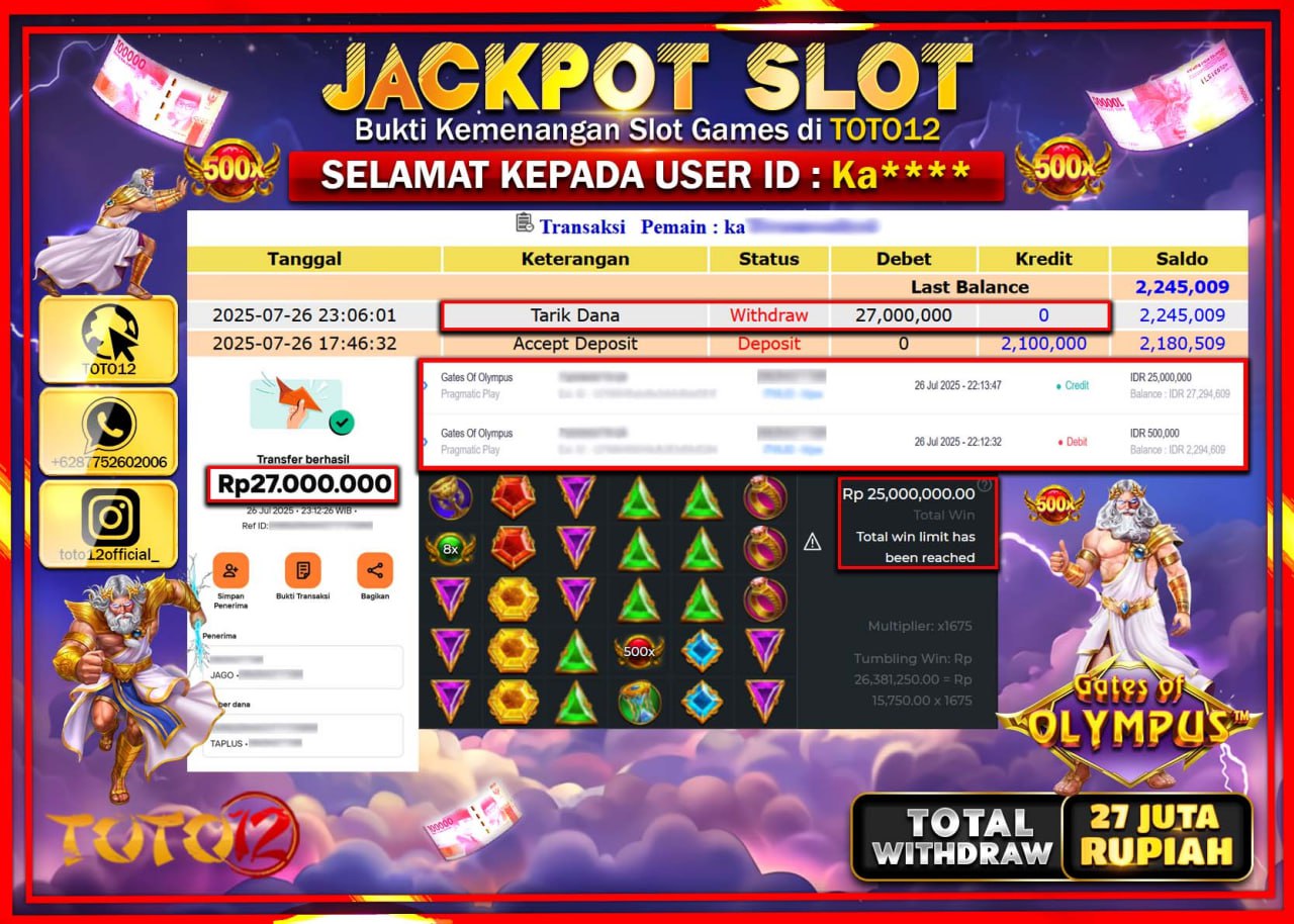 HANYA DI TOTO12 JP PASTI DI BAYAR LUNAS DAN CEPAT!!!!!! JACKPOT SLOT GAME (GATES OF OLYMPUS) Rp.27.000.000 !!!!
