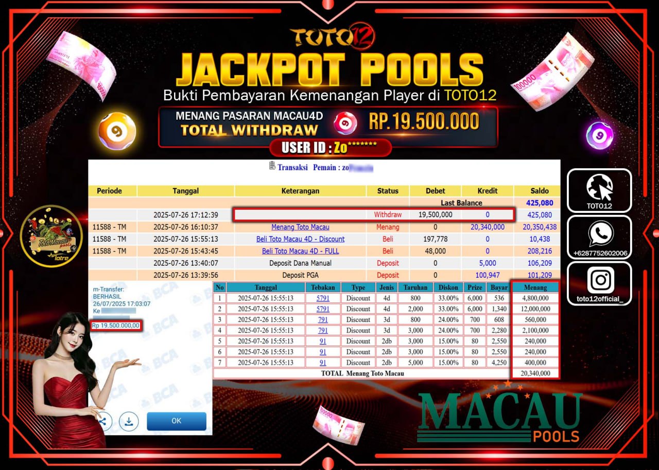 HANYA DI TOTO12 JP PASTI DI BAYAR LUNAS DAN CEPAT!!!!!! JACKPOT POOLS PASARAN (MACAU 4D) Rp.19.500.000 !!!!