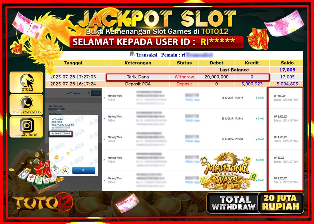 HANYA DI TOTO12 JP PASTI DI BAYAR LUNAS DAN CEPAT!!!!!! JACKPOT SLOT GAME (MAHJONG WAYS) Rp.20.000.000 !!!!