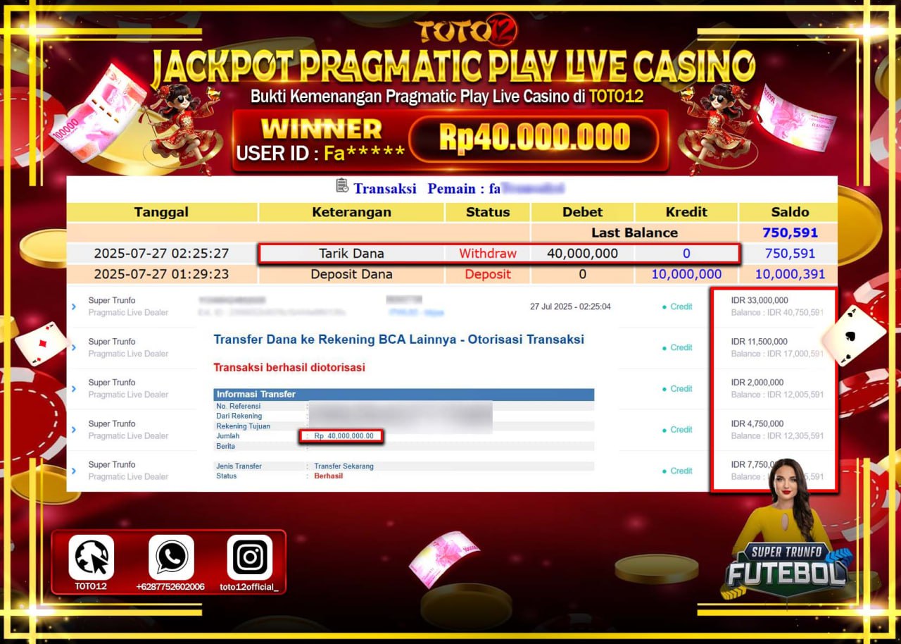 HANYA DI TOTO12 JP PASTI DI BAYAR LUNAS DAN CEPAT!!!!!! JACKPOT PRAGMATIC PLAY LIVE CASINO (SUPER TRUNFO FUTEBOL) Rp.40.000.000 !!!!