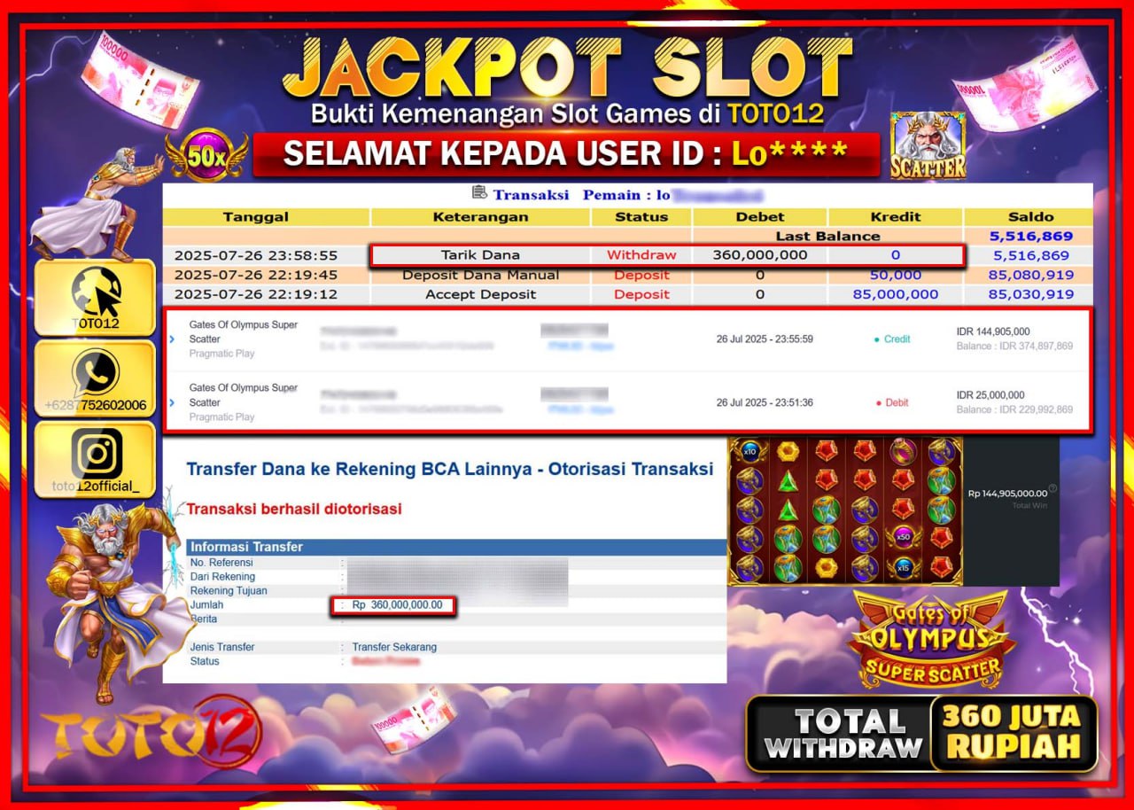 HANYA DI TOTO12 JP PASTI DI BAYAR LUNAS DAN CEPAT!!!!!! JACKPOT SLOT GAME (GATES OF OLYMPUS SUPER SCATTER) Rp.360.000.000 !!!!