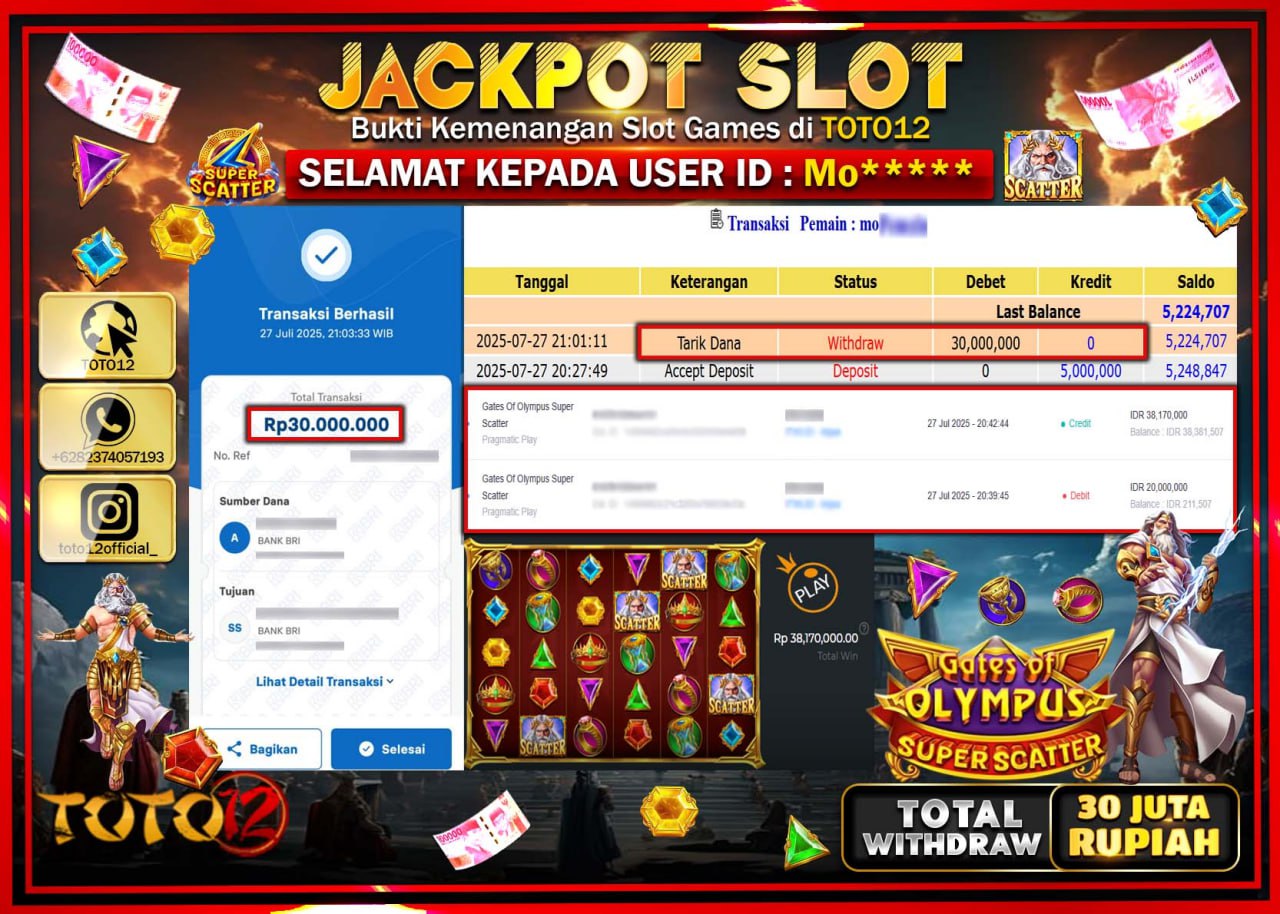 HANYA DI TOTO12 JP PASTI DI BAYAR LUNAS DAN CEPAT!!!!!! JACKPOT SLOT GAME (GATES OF OLYMPUS SUPER SCATTER) Rp.30.000.000 !!!!